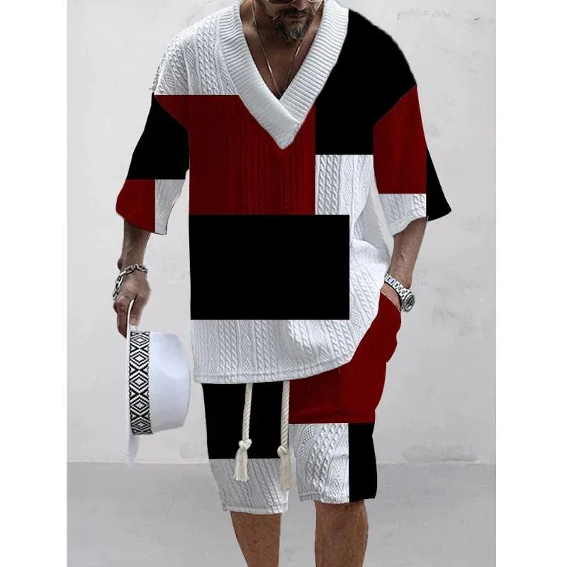 Men's Printed Short Sleeve Shorts Textured Set 62869824L