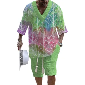 Men's Printed Short Sleeve Shorts Textured Set 63757131YY
