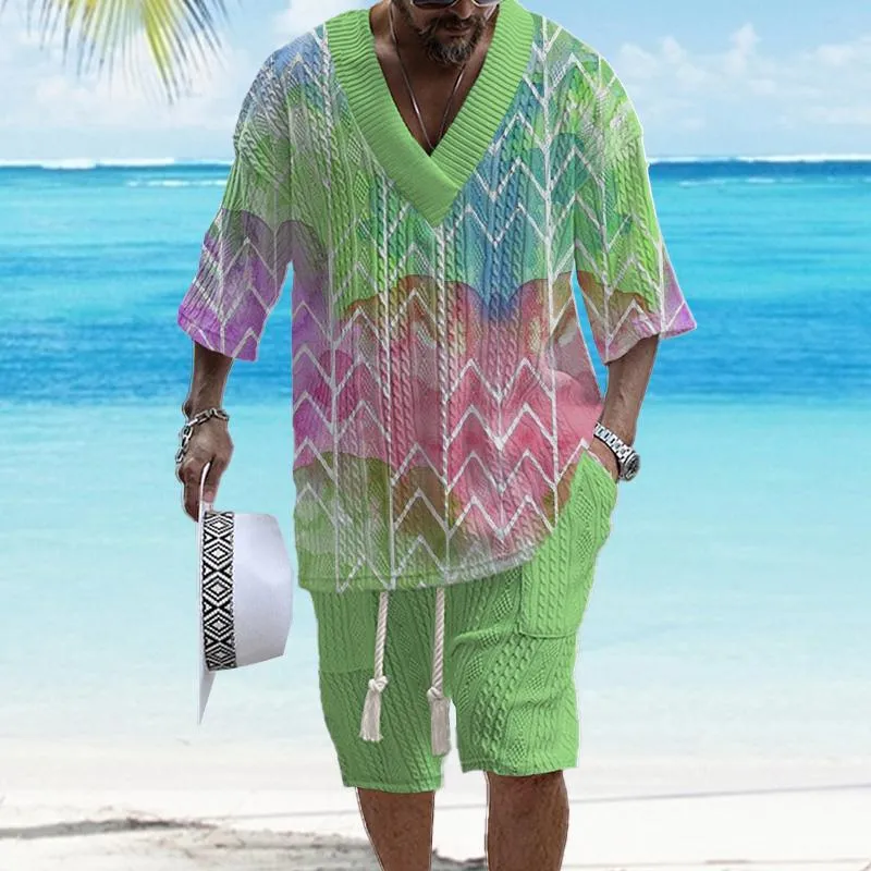 Men's Printed Short Sleeve Shorts Textured Set 63757131YY