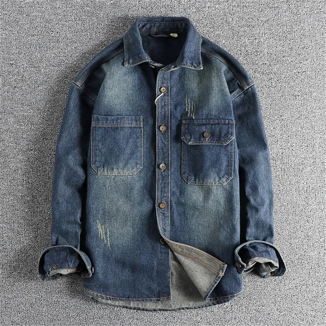 Men's Retro Denim Cargo Shirt Cotton Double Pocket Turn-Down Collar Single Breasted Casual Jacket