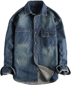 Men's Retro Denim Cargo Shirt Cotton Double Pocket Turn-Down Collar Single Breasted Casual Jacket