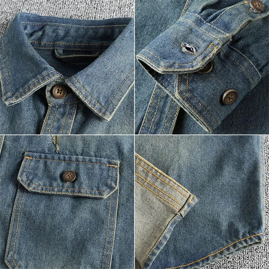 Men's Retro Denim Cargo Shirt Cotton Double Pocket Turn-Down Collar Single Breasted Casual Jacket