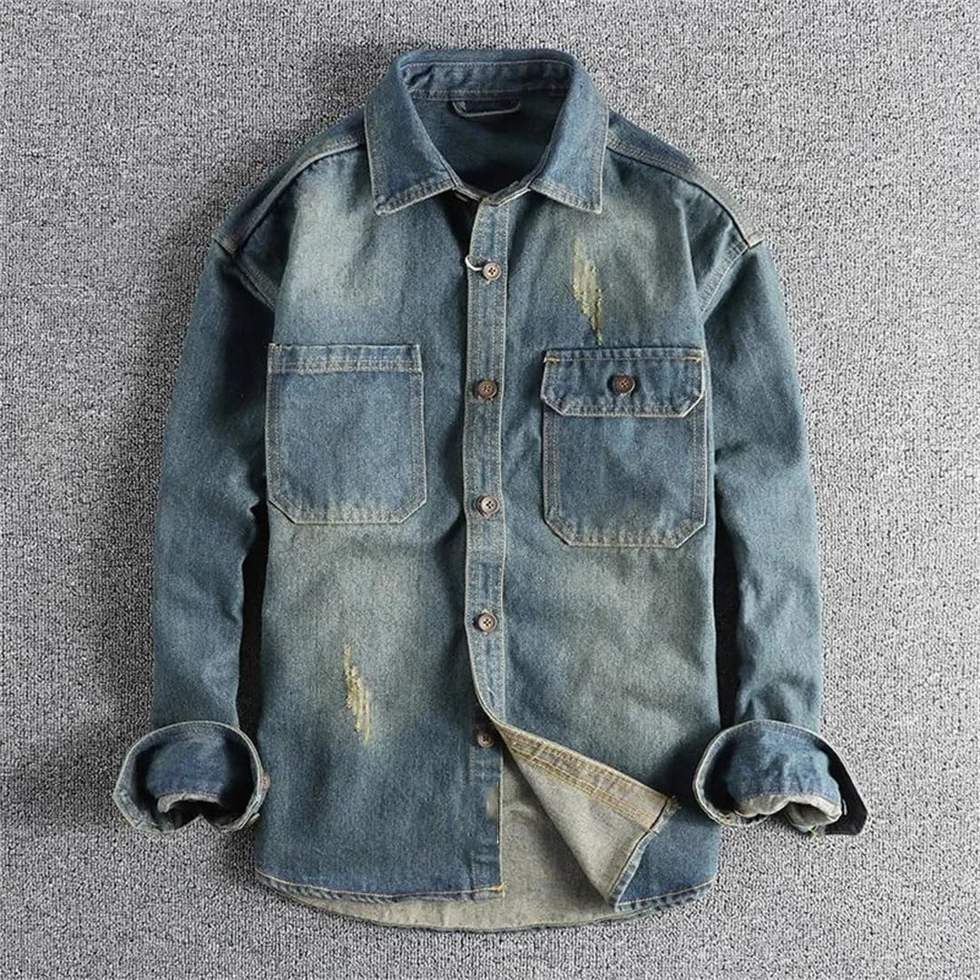 Men's Retro Denim Cargo Shirt Cotton Double Pocket Turn-Down Collar Single Breasted Casual Jacket