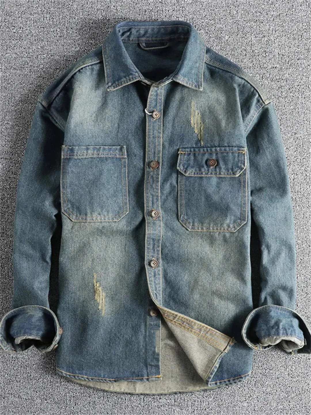 Men's Retro Denim Cargo Shirt Cotton Double Pocket Turn-Down Collar Single Breasted Casual Jacket