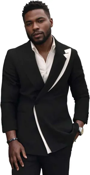 Men's Stylish Blazer Slim Fit White with Black Contrast Collar Slim Fit One Button