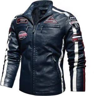 Mens Vintage Motorcycle Jacket Biker Leather Jacket Male Embroidery Bomber Coat Winter Fleece Pu Overcoat(XL,Blue)