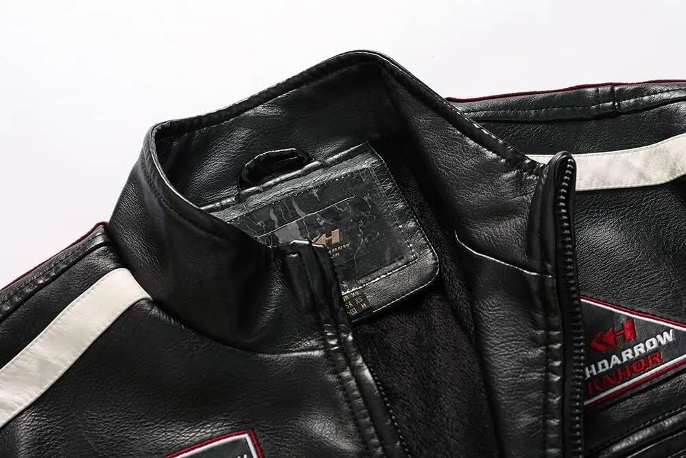 Mens Vintage Motorcycle Jacket Biker Leather Jacket Male Embroidery Bomber Coat Winter Fleece Pu Overcoat(XL,Blue)