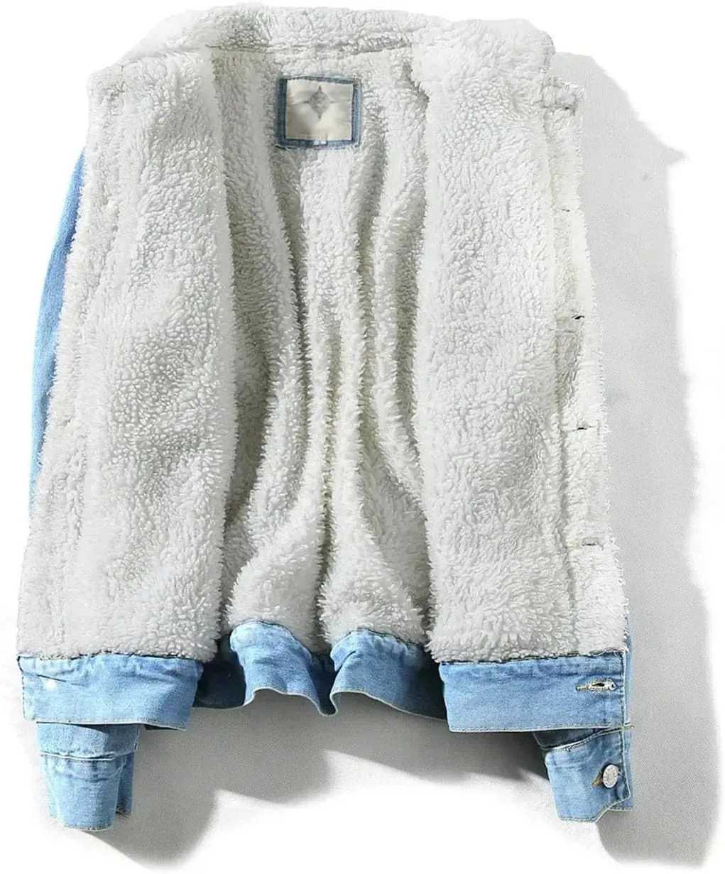 Men`S Winter Denim Jacket Fleeced Thicken Warm And Coat Trucker Jacket Plus Size