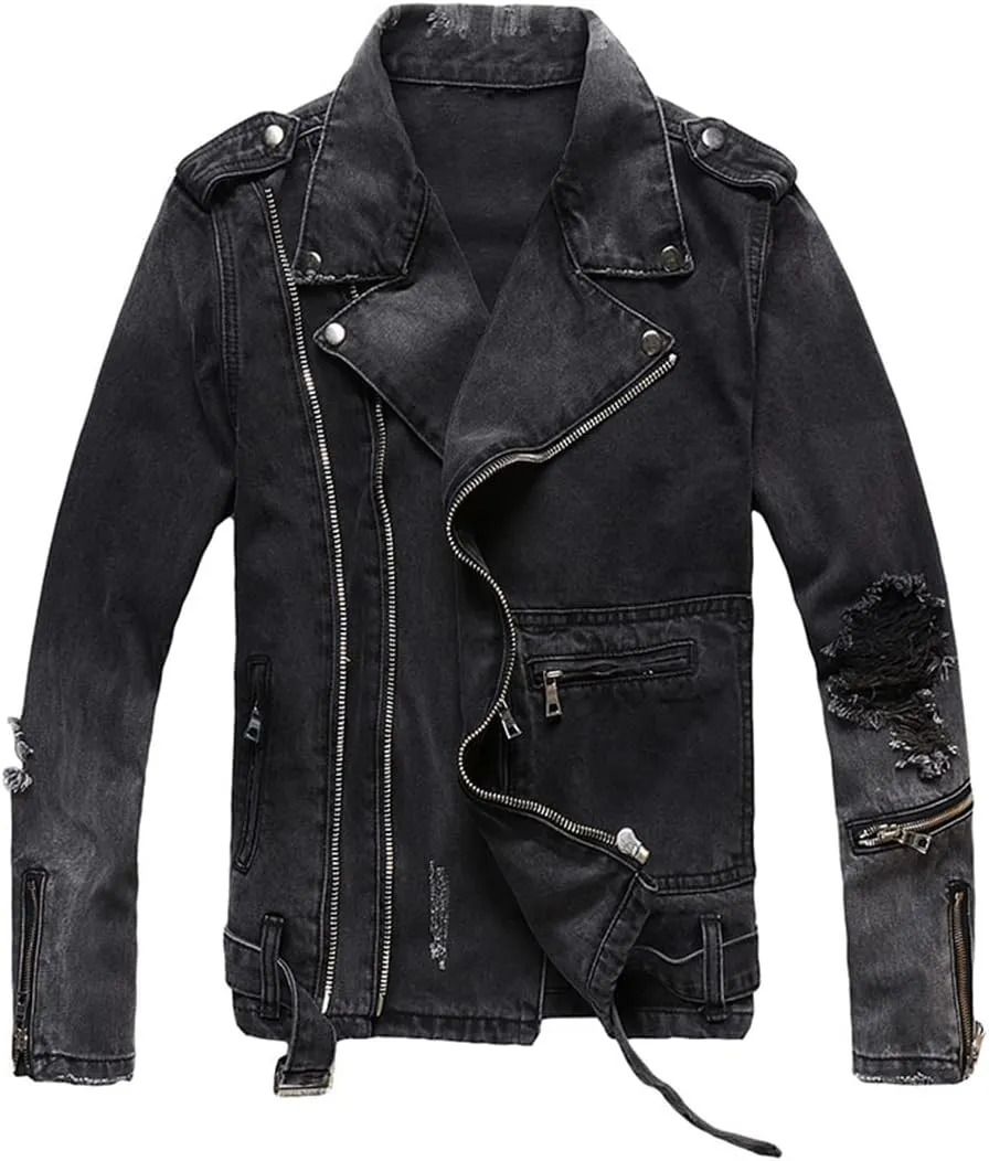 Men's Zippers Black Denim Jean Biker Jacket for Motorcycle Vintage Epaulet Holes Ripped Distressed Coat
