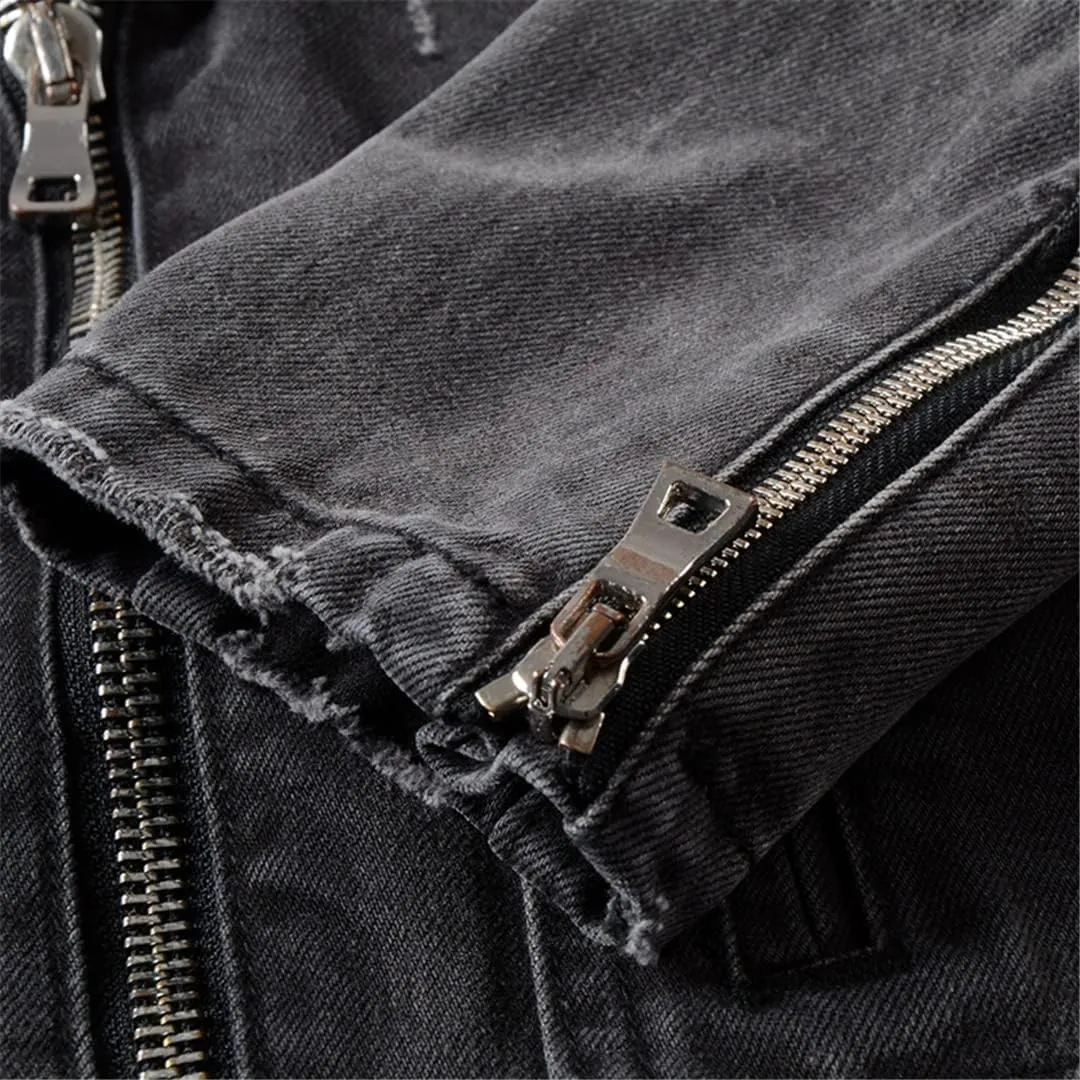 Men's Zippers Black Denim Jean Biker Jacket for Motorcycle Vintage Epaulet Holes Ripped Distressed Coat