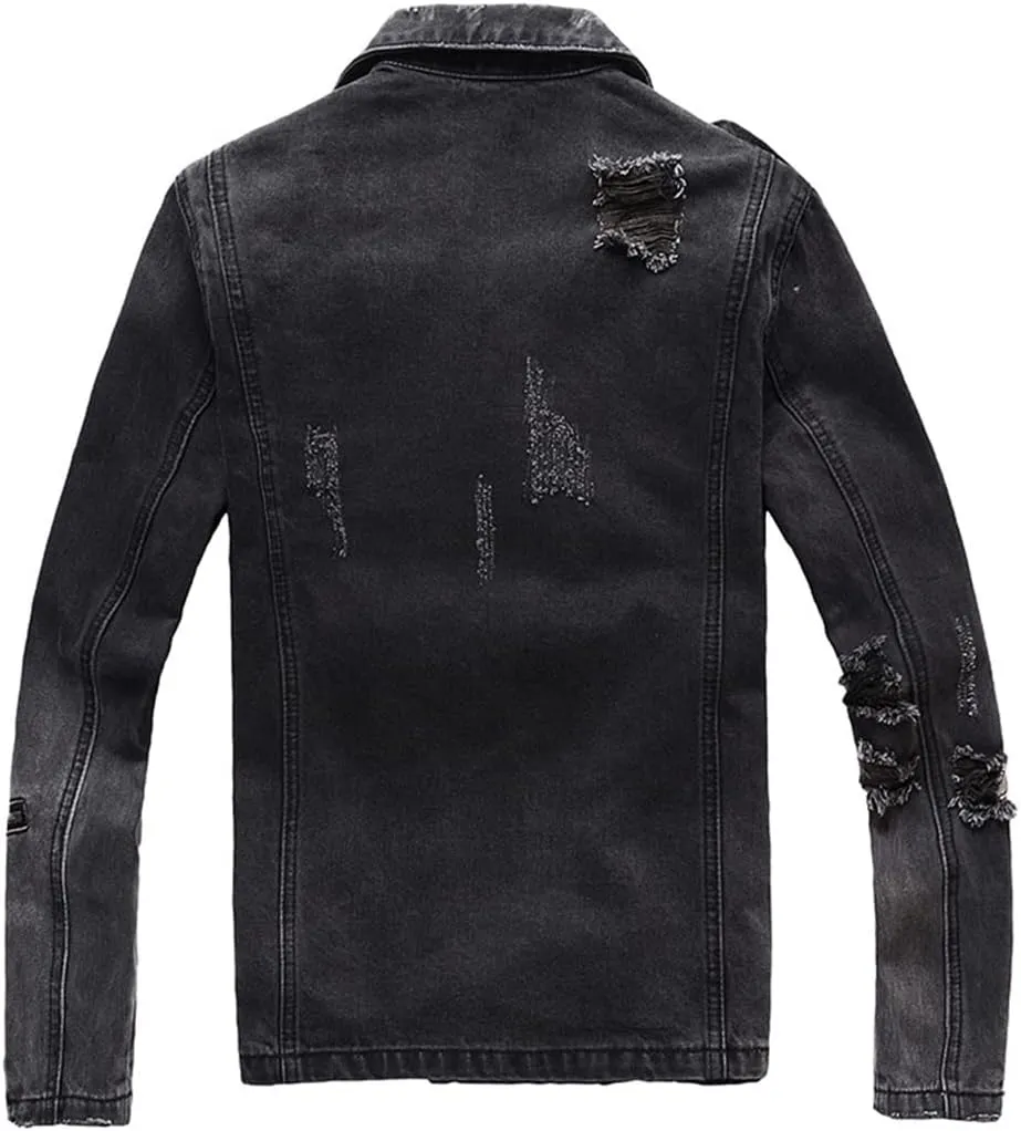 Men's Zippers Black Denim Jean Biker Jacket for Motorcycle Vintage Epaulet Holes Ripped Distressed Coat