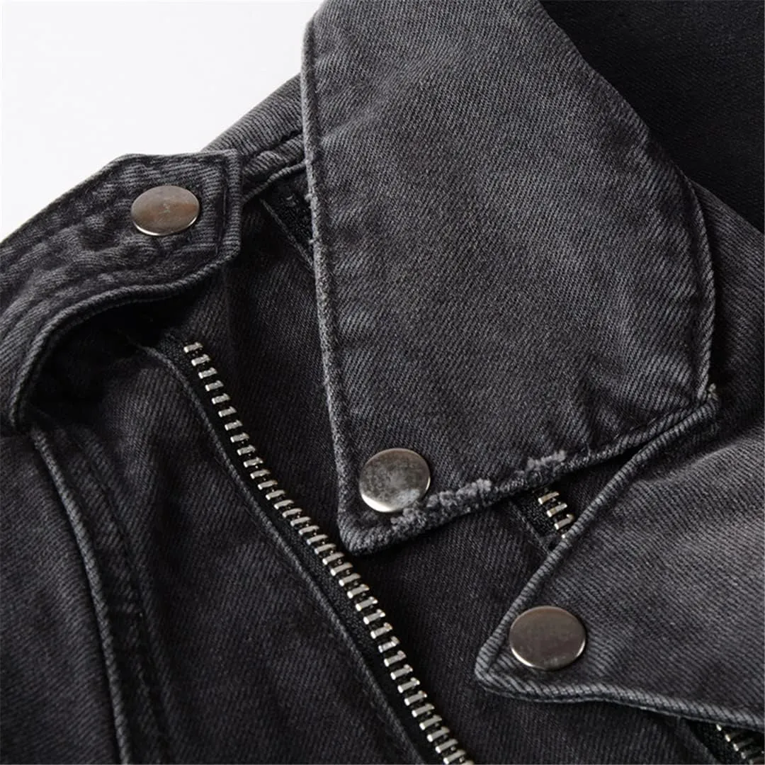 Men's Zippers Black Denim Jean Biker Jacket for Motorcycle Vintage Epaulet Holes Ripped Distressed Coat