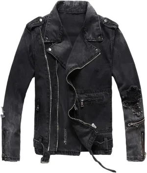 Men's Zippers Black Denim Jean Biker Jacket for Motorcycle Vintage Epaulet Holes Ripped Distressed Coat