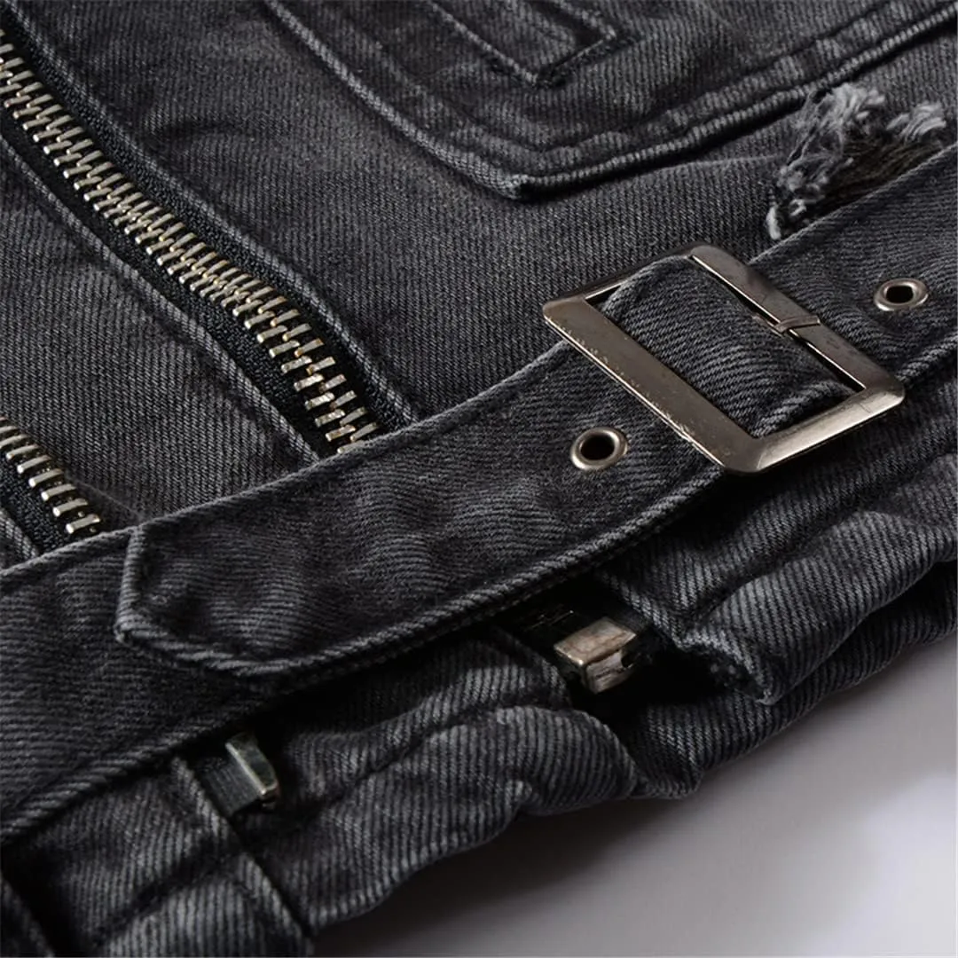 Men's Zippers Black Denim Jean Biker Jacket for Motorcycle Vintage Epaulet Holes Ripped Distressed Coat