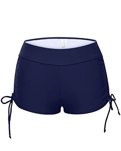 Mid Waisted Board Shorts Boyshort Swimsuits For Women-Navy Blue
