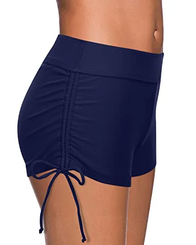 Mid Waisted Board Shorts Boyshort Swimsuits For Women-Navy Blue