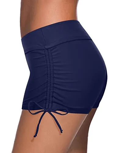 Mid Waisted Board Shorts Boyshort Swimsuits For Women-Navy Blue