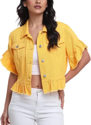 MISS MOLY Women's Denim Jacket Ruffle Sleeve Button Down Distressed Summer Cropped Jean Jackets