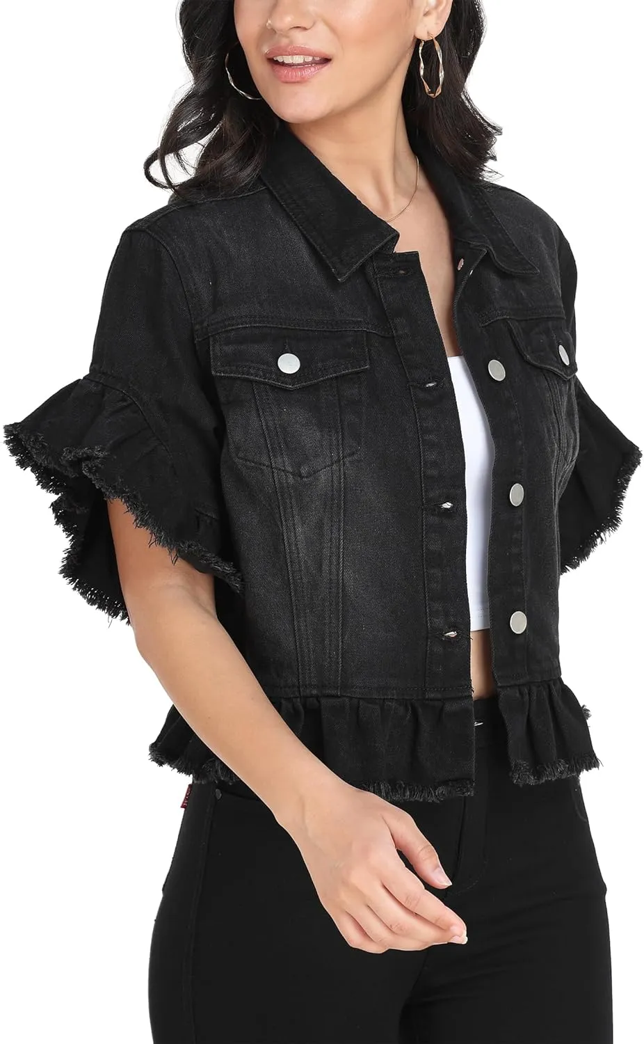 MISS MOLY Women's Denim Jacket Ruffle Sleeve Button Down Distressed Summer Cropped Jean Jackets