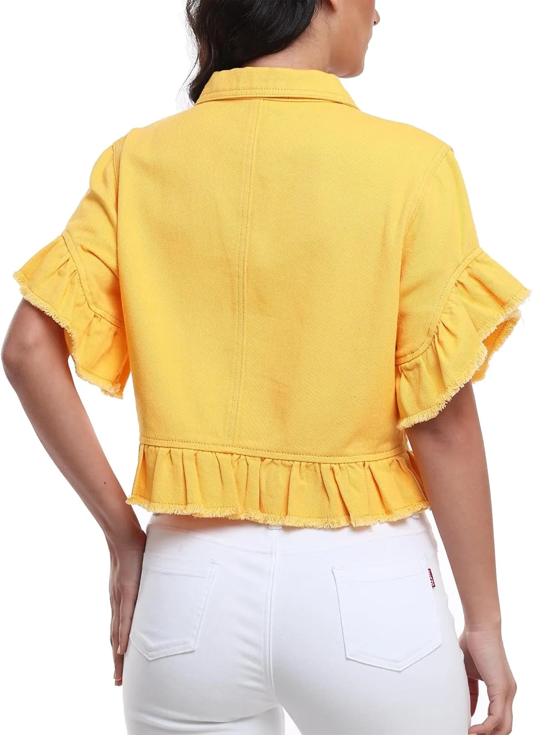 MISS MOLY Women's Denim Jacket Ruffle Sleeve Button Down Distressed Summer Cropped Jean Jackets