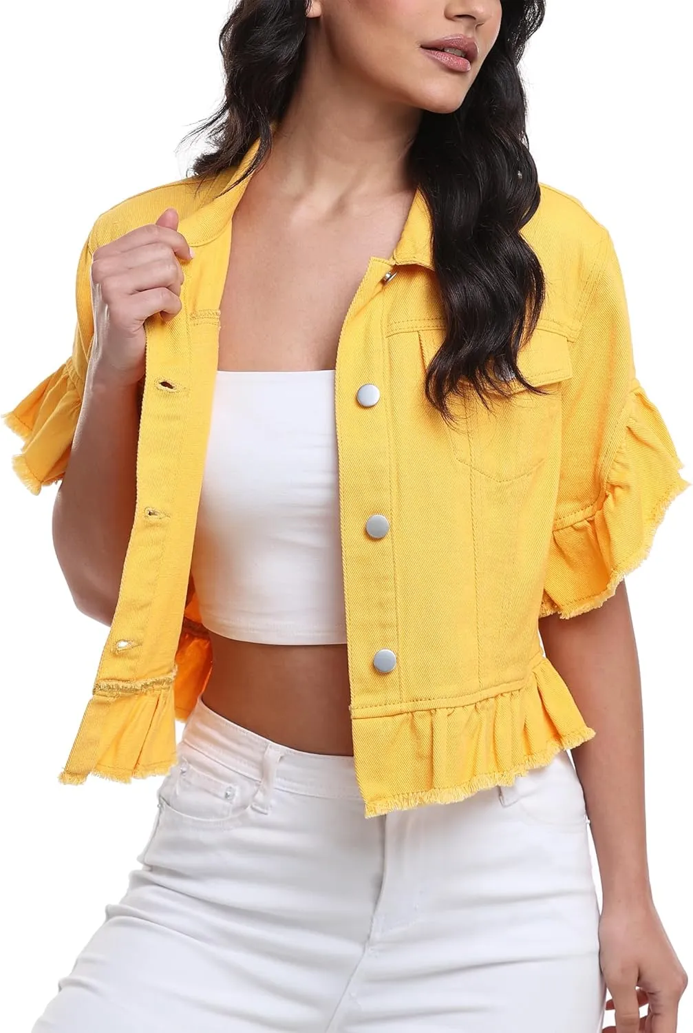 MISS MOLY Women's Denim Jacket Ruffle Sleeve Button Down Distressed Summer Cropped Jean Jackets