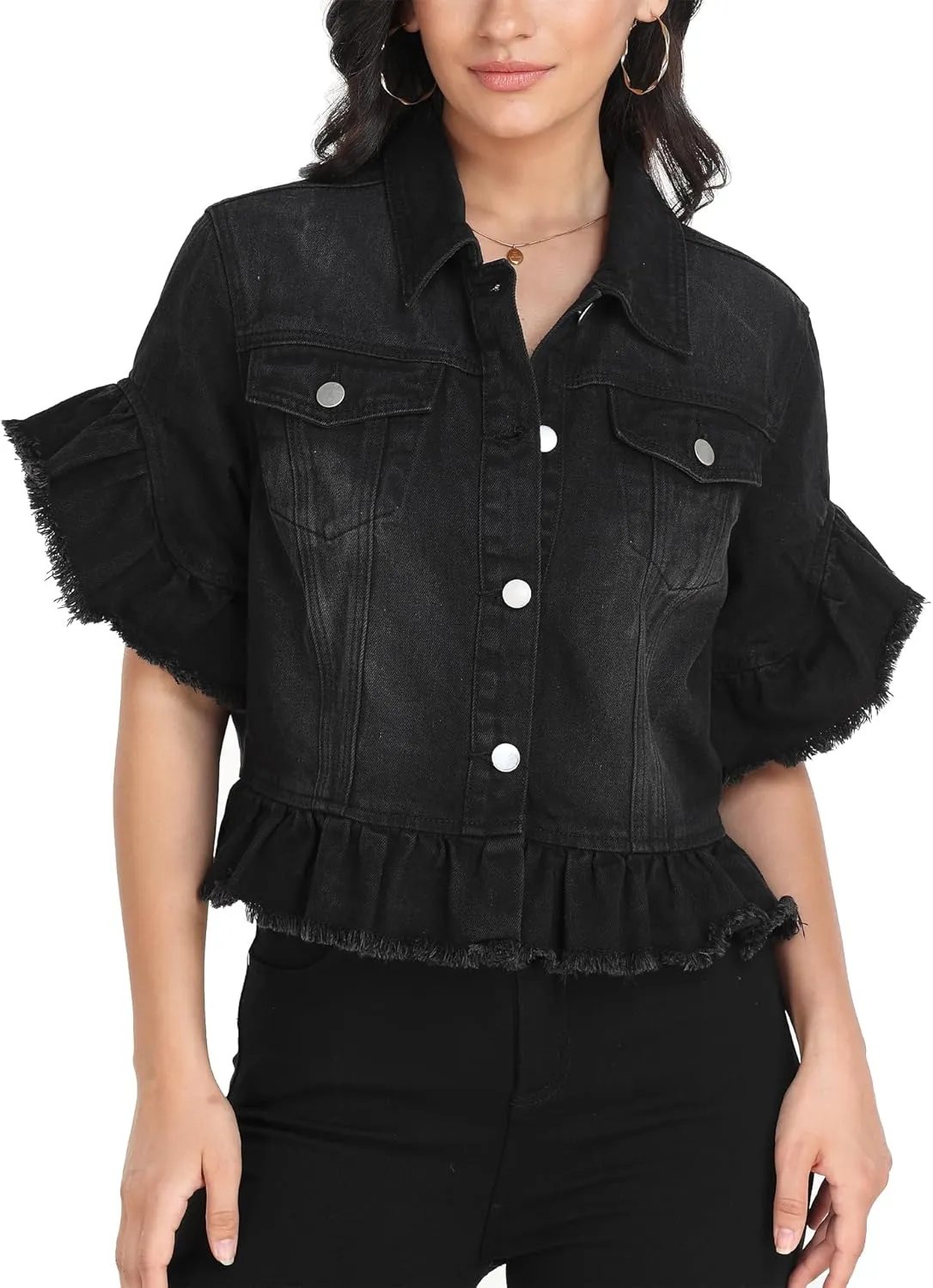 MISS MOLY Women's Denim Jacket Ruffle Sleeve Button Down Distressed Summer Cropped Jean Jackets