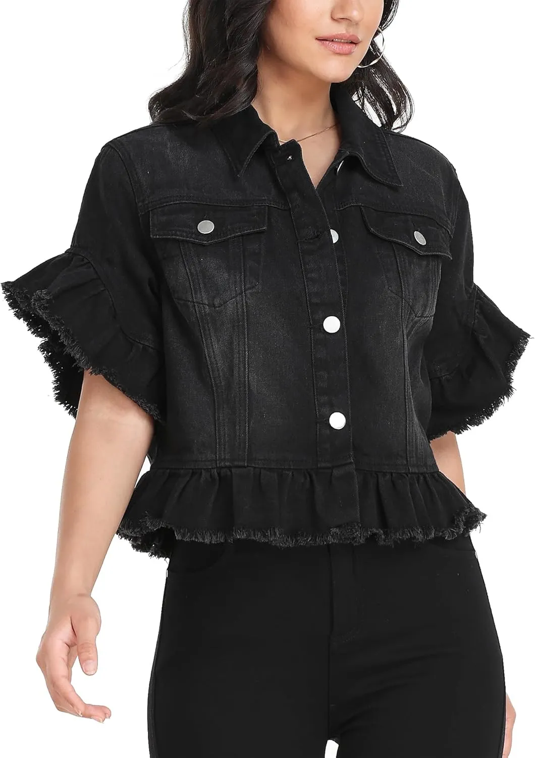 MISS MOLY Women's Denim Jacket Ruffle Sleeve Button Down Distressed Summer Cropped Jean Jackets