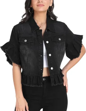 MISS MOLY Women's Denim Jacket Ruffle Sleeve Button Down Distressed Summer Cropped Jean Jackets