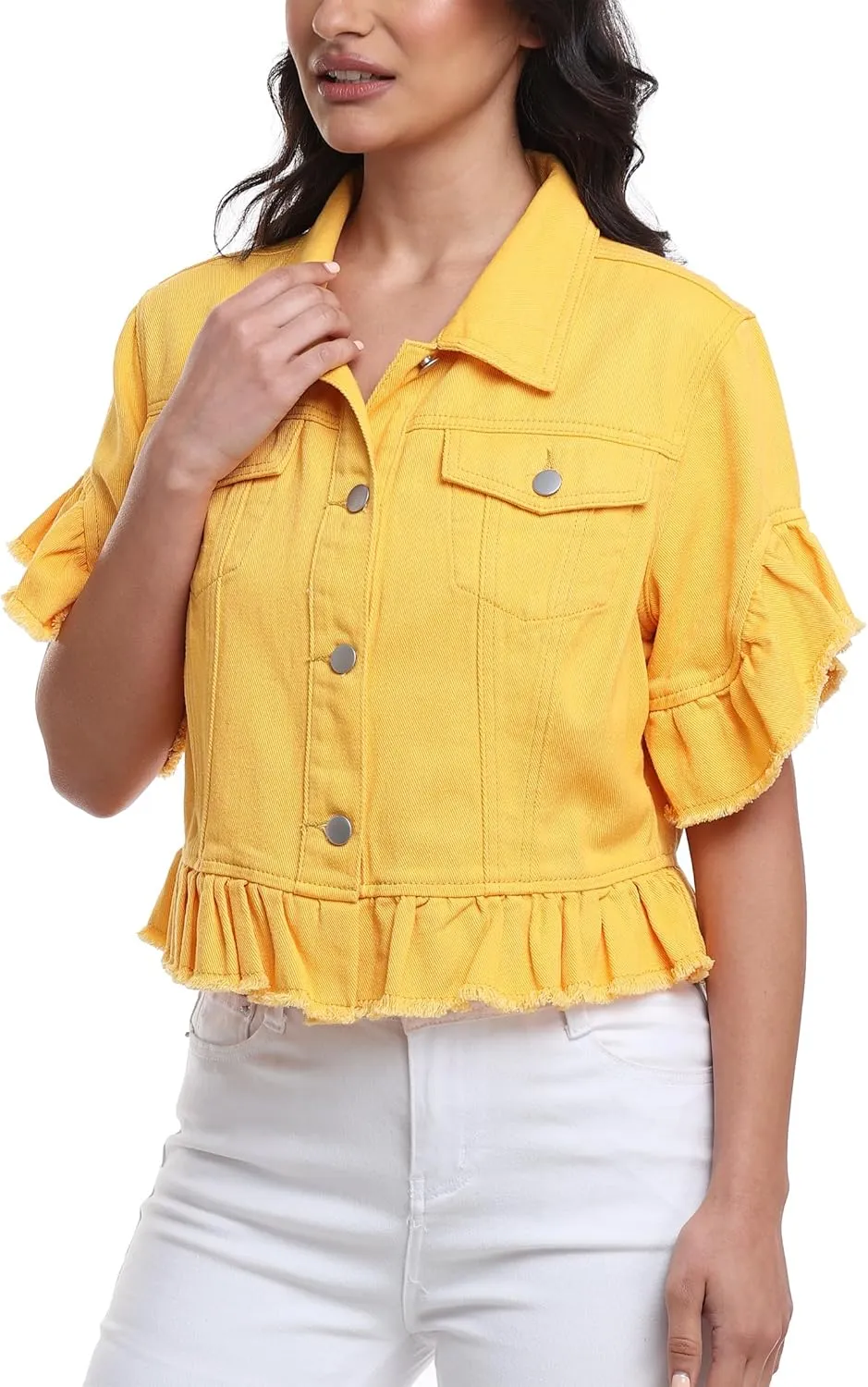 MISS MOLY Women's Denim Jacket Ruffle Sleeve Button Down Distressed Summer Cropped Jean Jackets