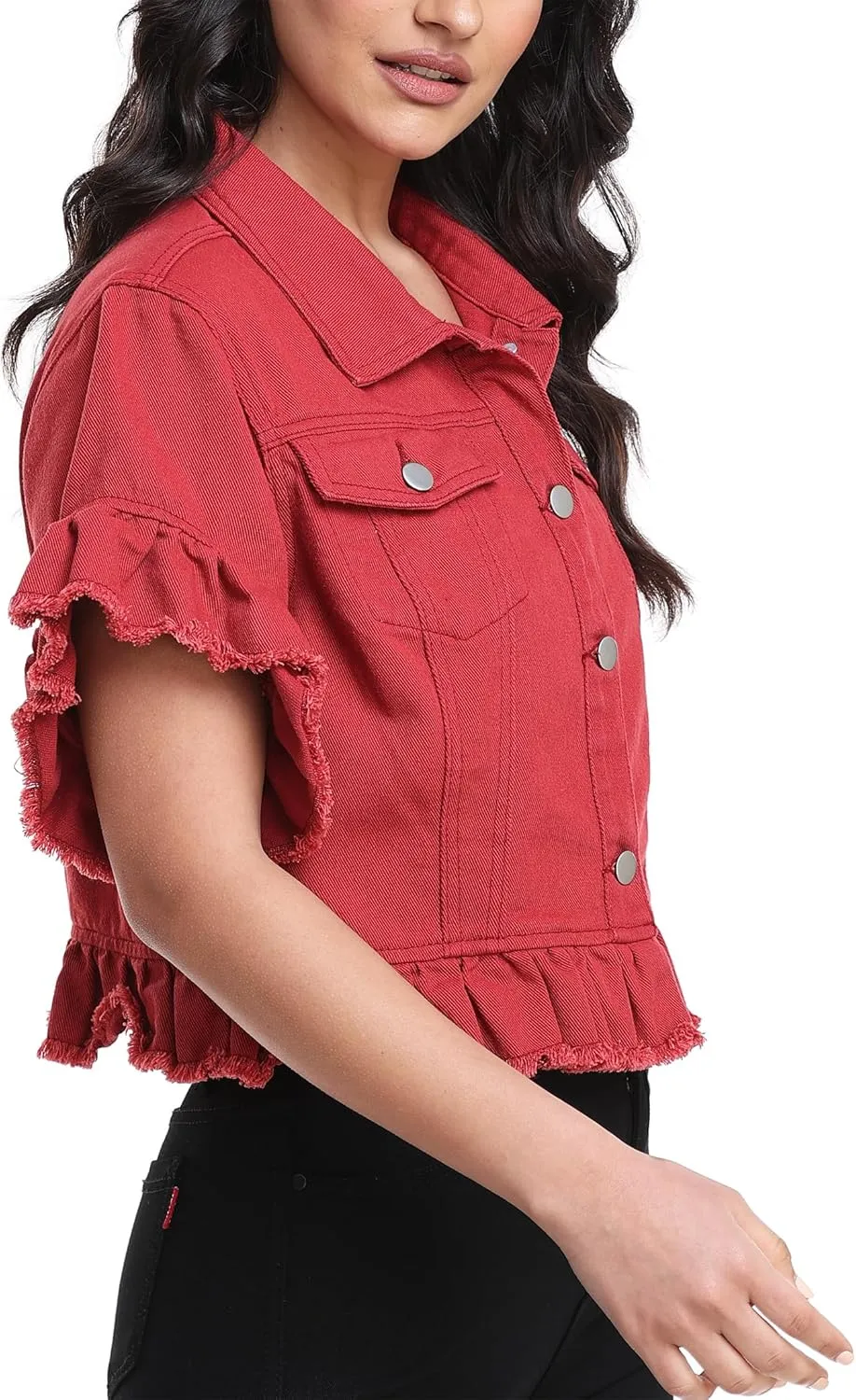 MISS MOLY Women's Denim Jacket Ruffle Sleeve Button Down Distressed Summer Cropped Jean Jackets