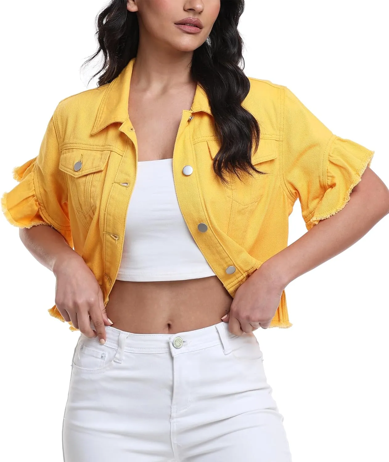 MISS MOLY Women's Denim Jacket Ruffle Sleeve Button Down Distressed Summer Cropped Jean Jackets