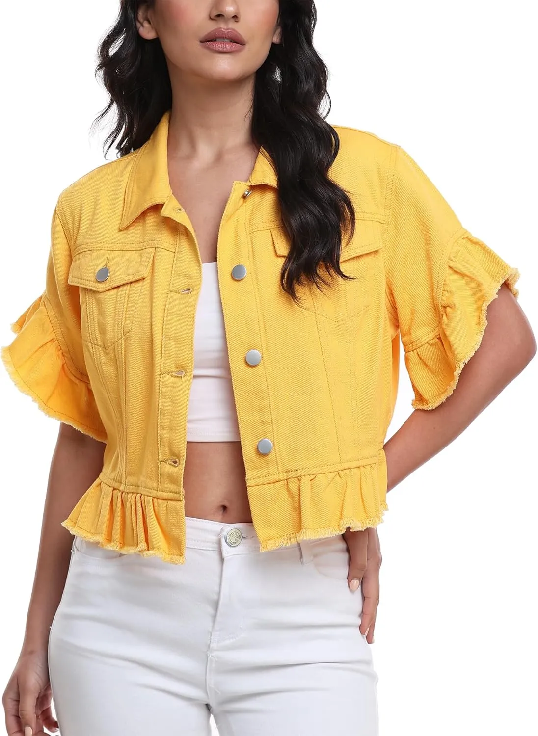 MISS MOLY Women's Denim Jacket Ruffle Sleeve Button Down Distressed Summer Cropped Jean Jackets