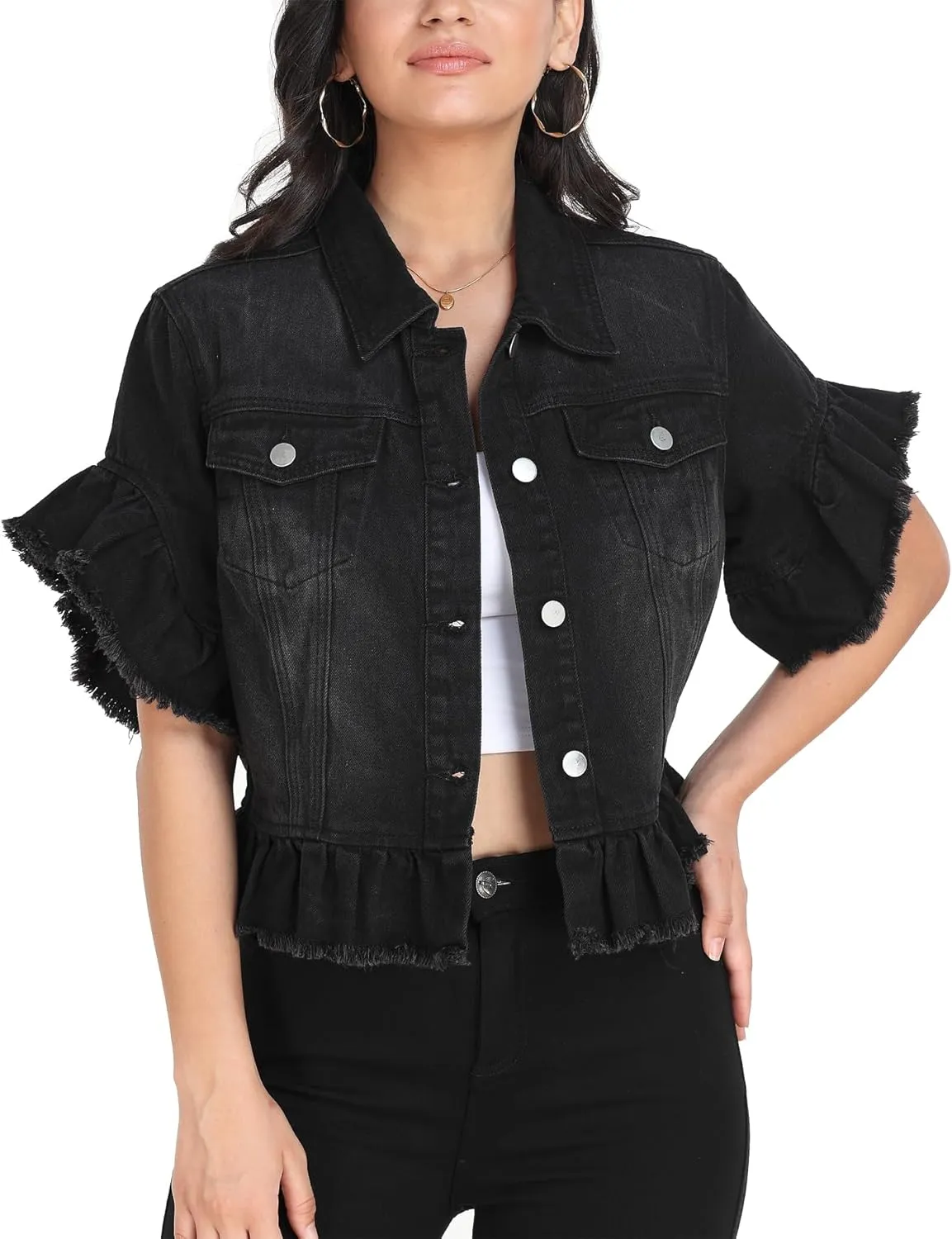 MISS MOLY Women's Denim Jacket Ruffle Sleeve Button Down Distressed Summer Cropped Jean Jackets