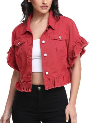MISS MOLY Women's Denim Jacket Ruffle Sleeve Button Down Distressed Summer Cropped Jean Jackets