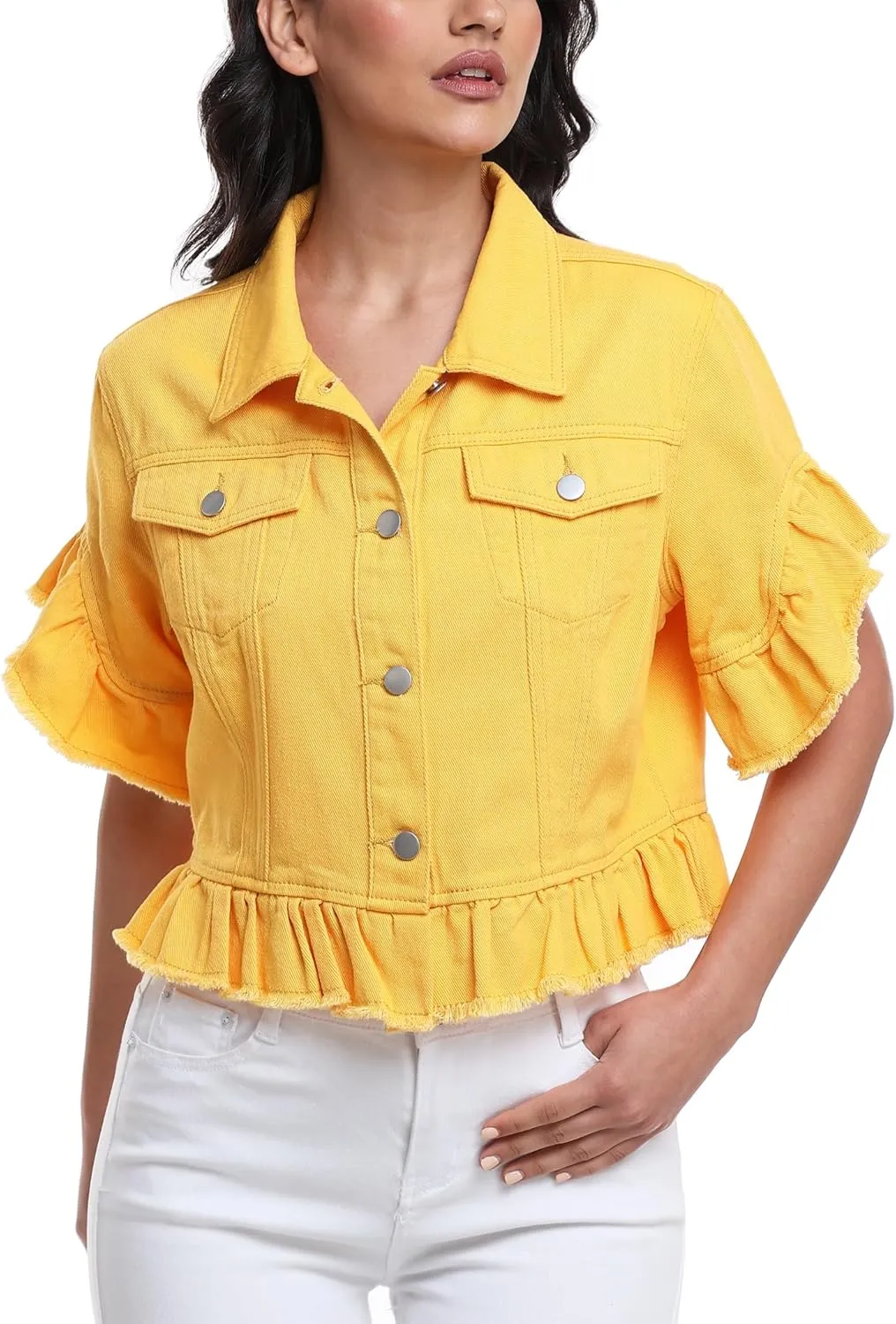 MISS MOLY Women's Denim Jacket Ruffle Sleeve Button Down Distressed Summer Cropped Jean Jackets