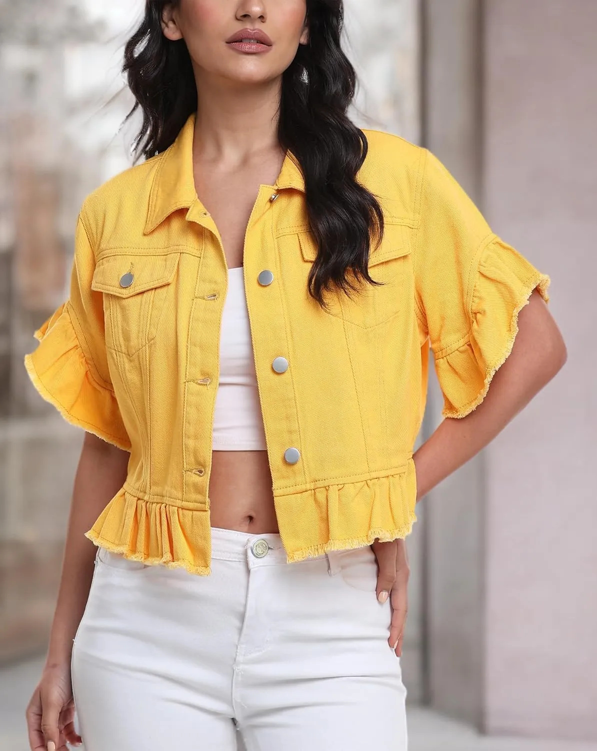 MISS MOLY Women's Denim Jacket Ruffle Sleeve Button Down Distressed Summer Cropped Jean Jackets