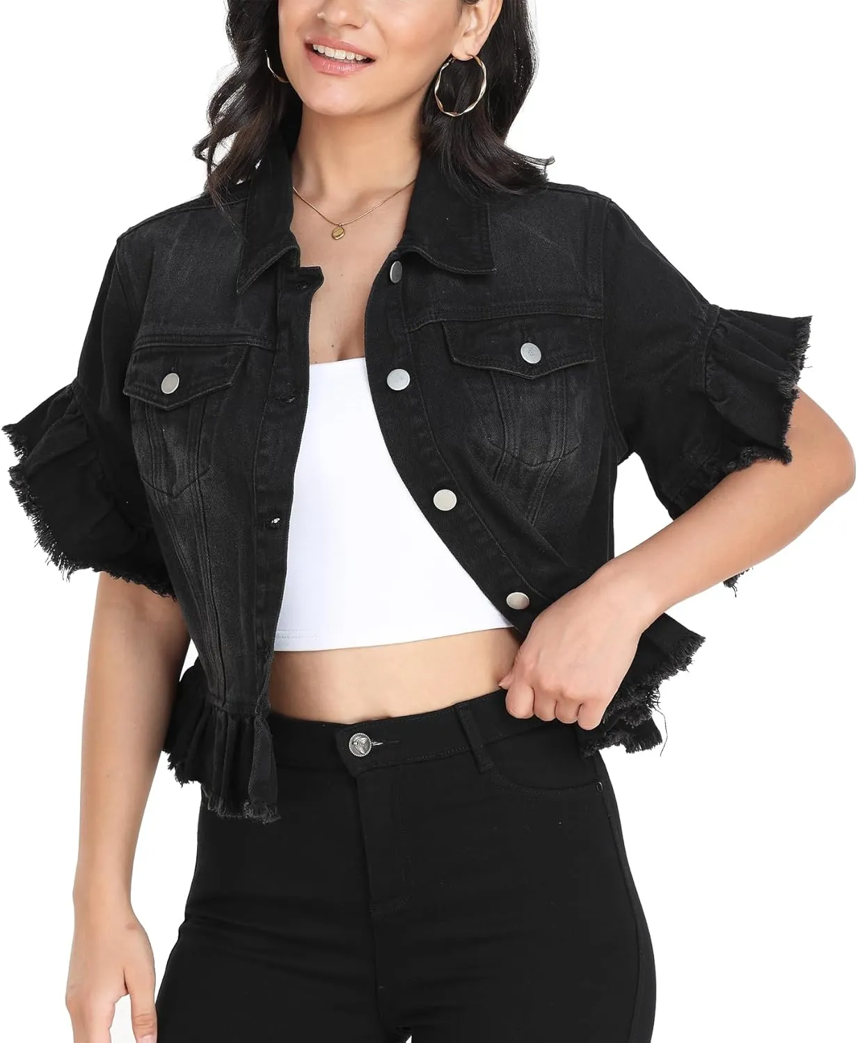 MISS MOLY Women's Denim Jacket Ruffle Sleeve Button Down Distressed Summer Cropped Jean Jackets