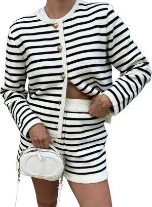 MISSACTIVER Womens Sweater 2 Piece Outfits Trendy Striped Long Sleeve Button Down Knit Cardigan Shorts Lounge Set