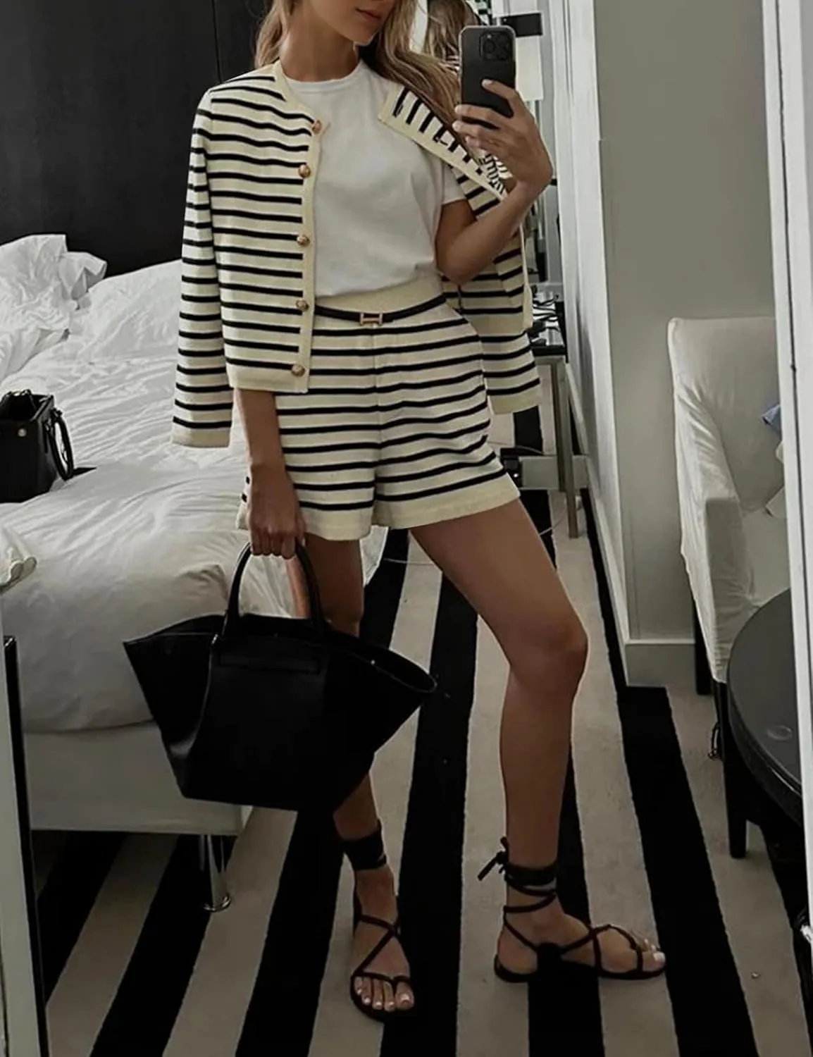 MISSACTIVER Womens Sweater 2 Piece Outfits Trendy Striped Long Sleeve Button Down Knit Cardigan Shorts Lounge Set