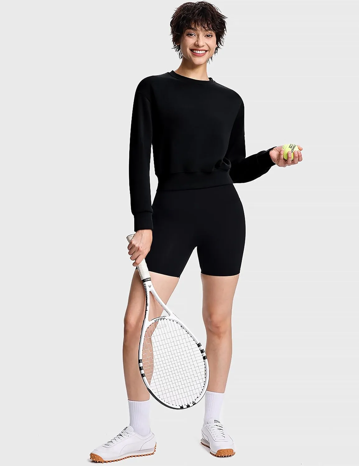 Modal Soft Cropped Sweatshirts for Women Long Sleeve Crew Neck Pullover Crop Top