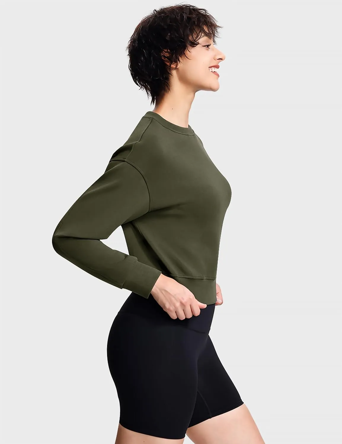 Modal Soft Cropped Sweatshirts for Women Long Sleeve Crew Neck Pullover Crop Top