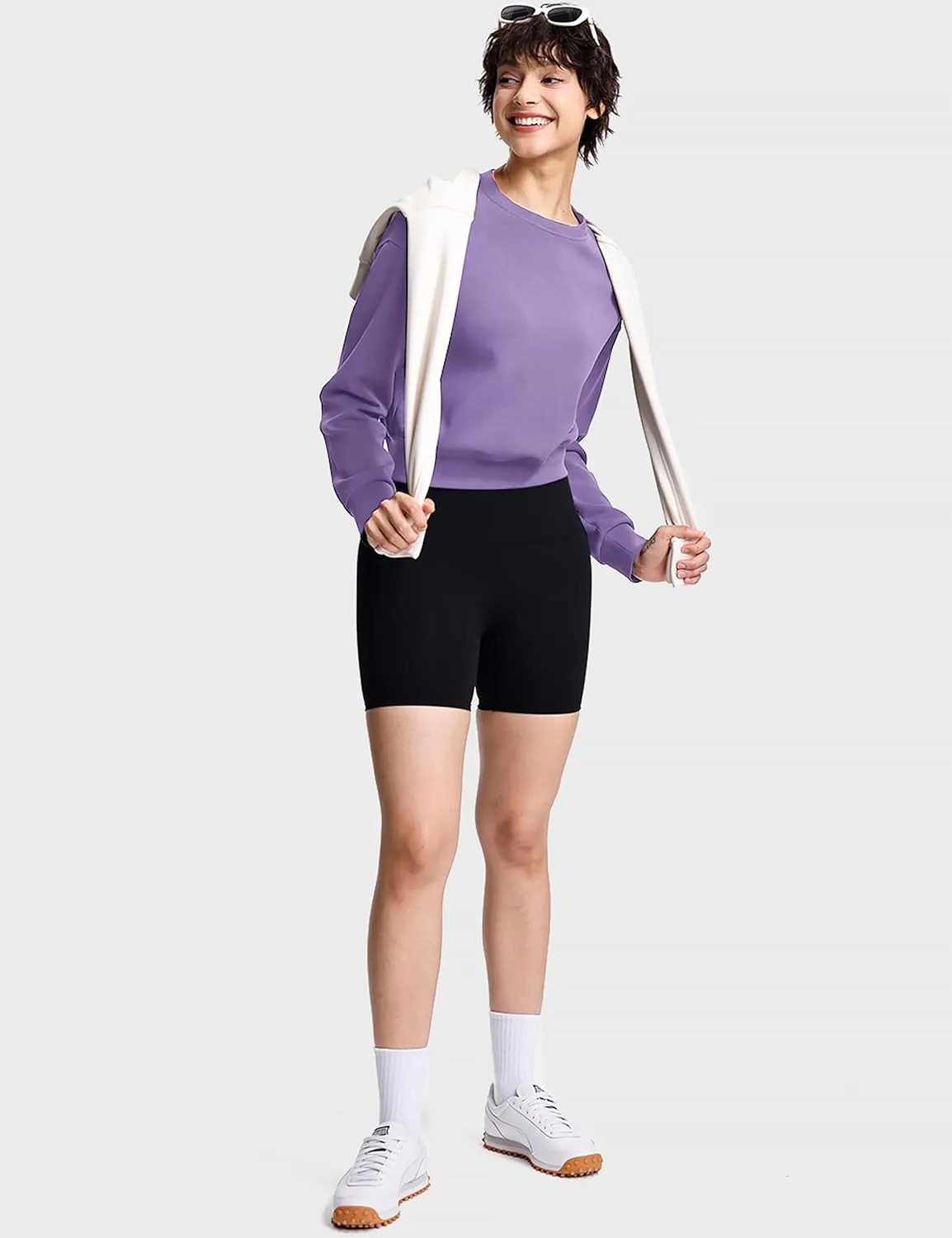 Modal Soft Cropped Sweatshirts for Women Long Sleeve Crew Neck Pullover Crop Top