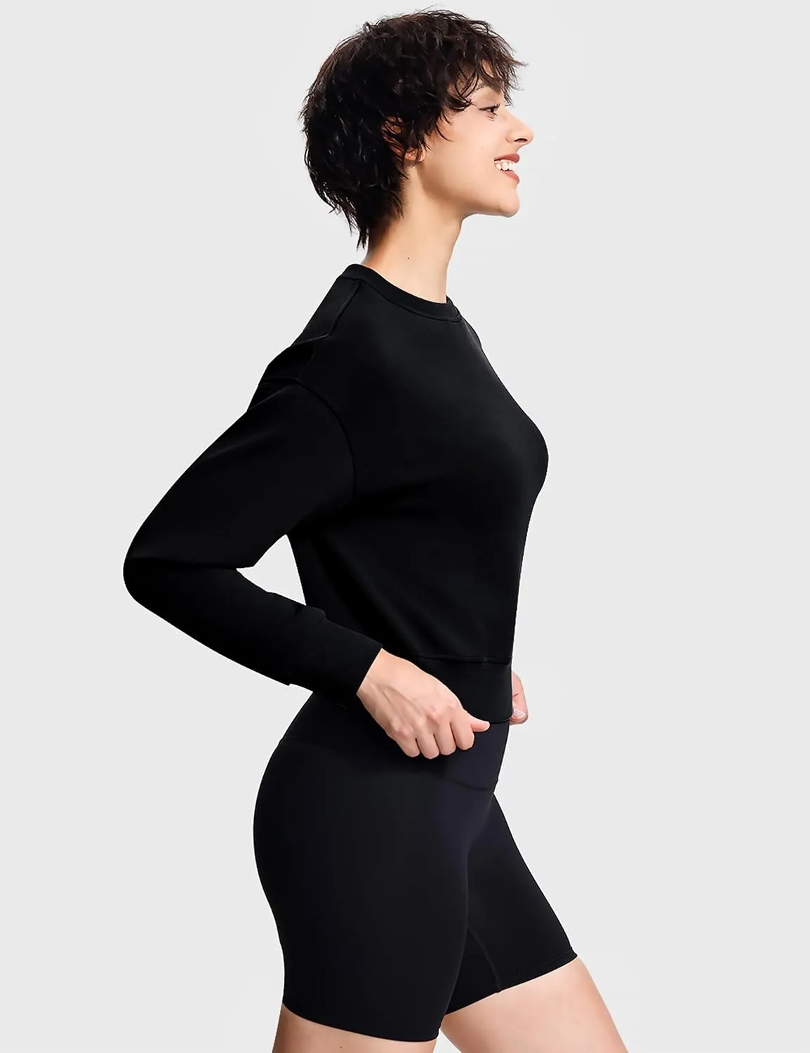 Modal Soft Cropped Sweatshirts for Women Long Sleeve Crew Neck Pullover Crop Top