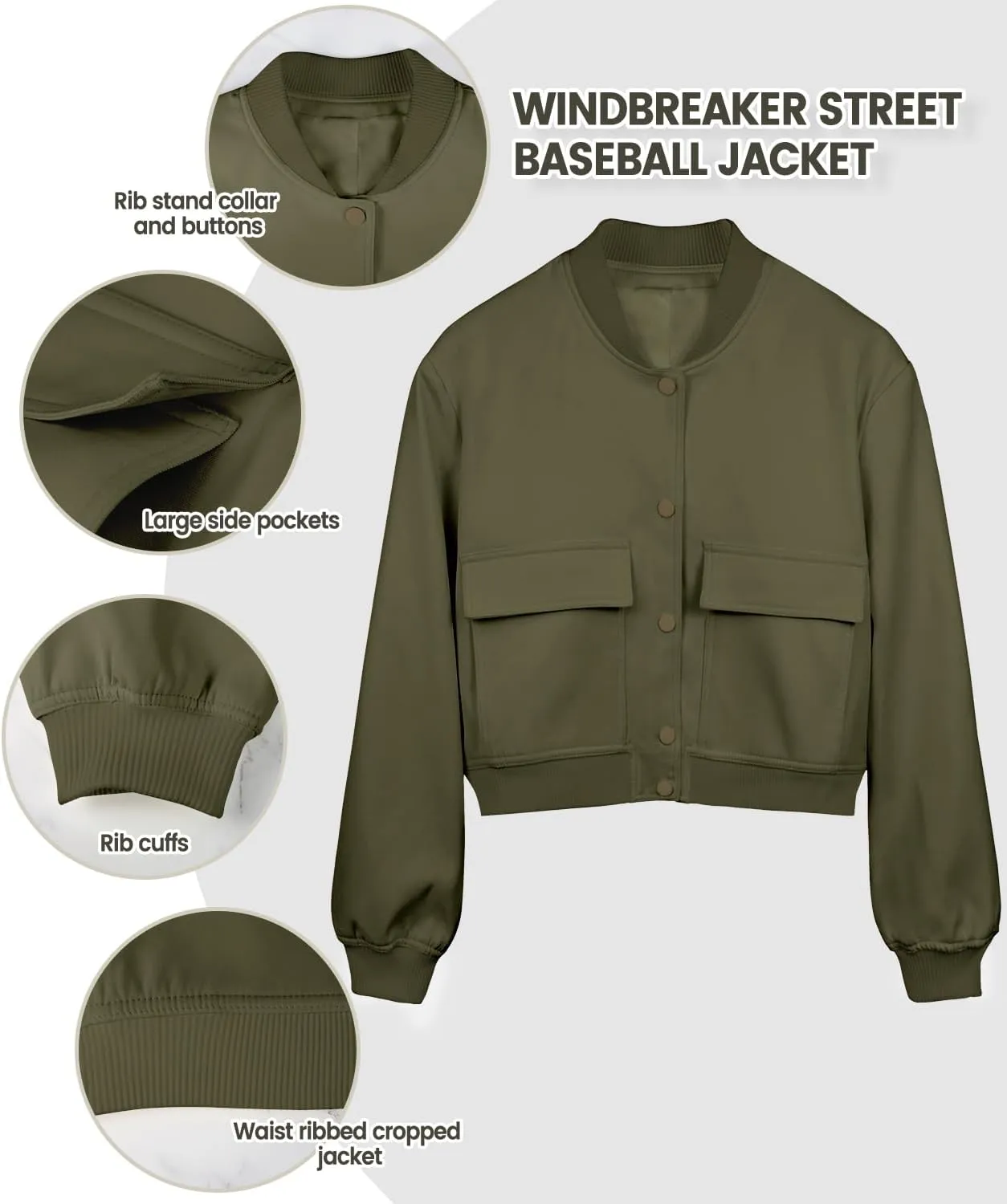 Modegal Women's Spring Varsity Bomber Jackets Long Sleeve Cropped Button Down Casual Coat with Pockets Outwear