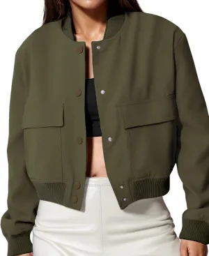 Modegal Women's Spring Varsity Bomber Jackets Long Sleeve Cropped Button Down Casual Coat with Pockets Outwear