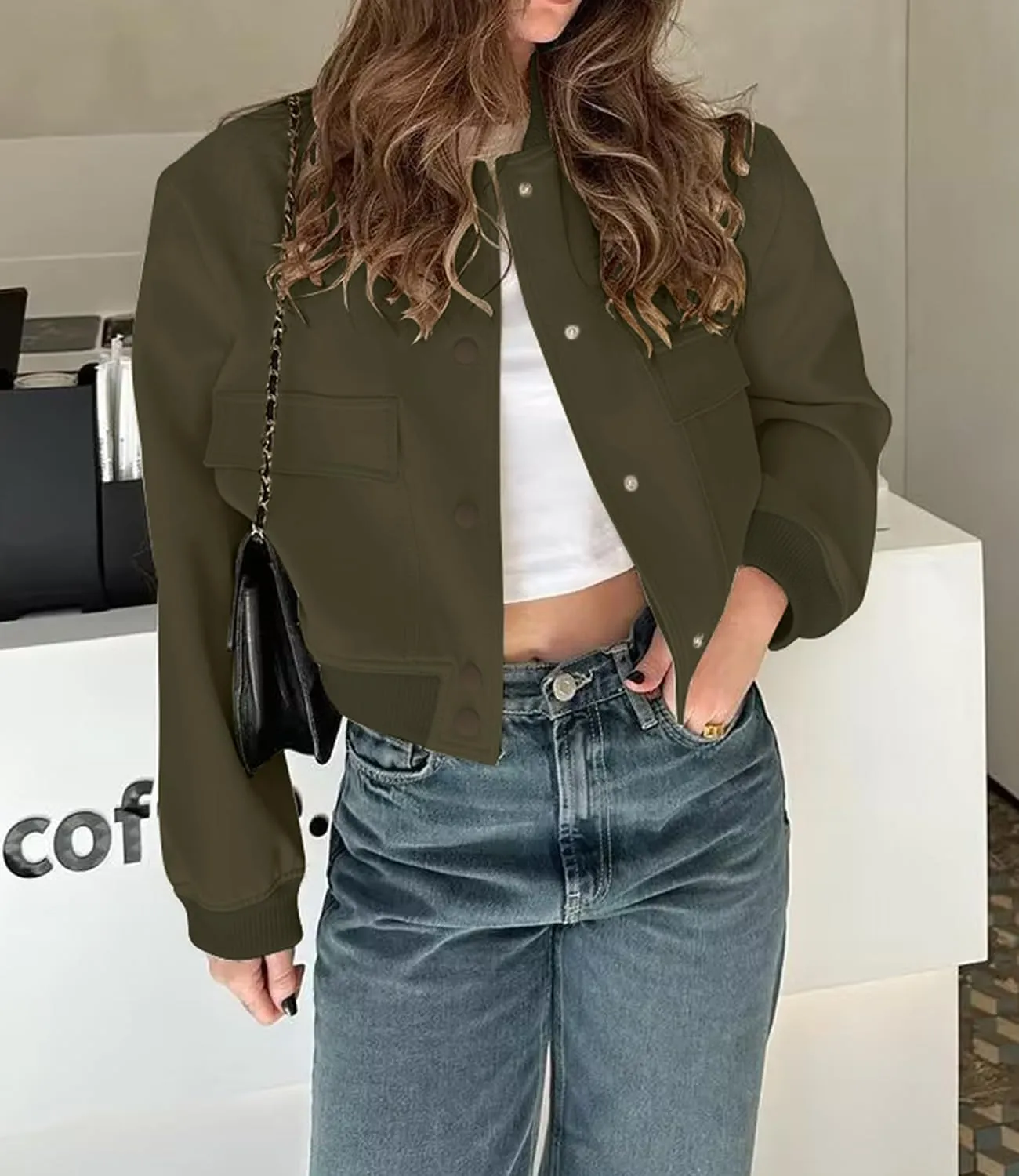 Modegal Women's Spring Varsity Bomber Jackets Long Sleeve Cropped Button Down Casual Coat with Pockets Outwear