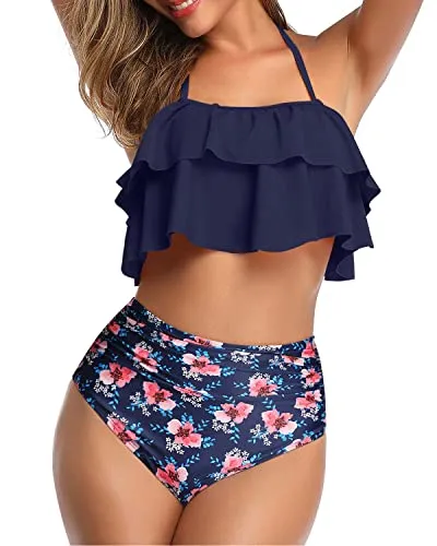 Modest Vintage Halter Two Piece Swimsuits Removable Padded Bra-Navy Blue Floral