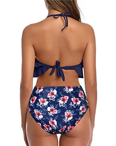 Modest Vintage Halter Two Piece Swimsuits Removable Padded Bra-Navy Blue Floral
