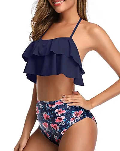 Modest Vintage Halter Two Piece Swimsuits Removable Padded Bra-Navy Blue Floral