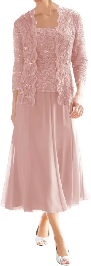 Mother of The Bride Dresses for Wedding Tea Length Lace Chiffon Formal Dress 2 Piece Grandmother Dresses with Jackets